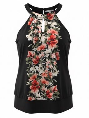 White House Black Market Black Halter Camisole with Coral & White Floral